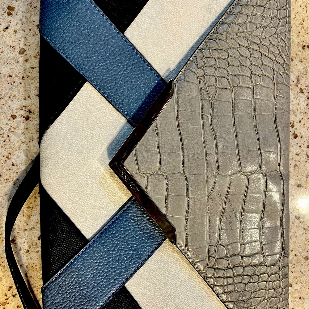Vintage Nine West Faux Leather Clutch – Grey & Blue, Long Chain